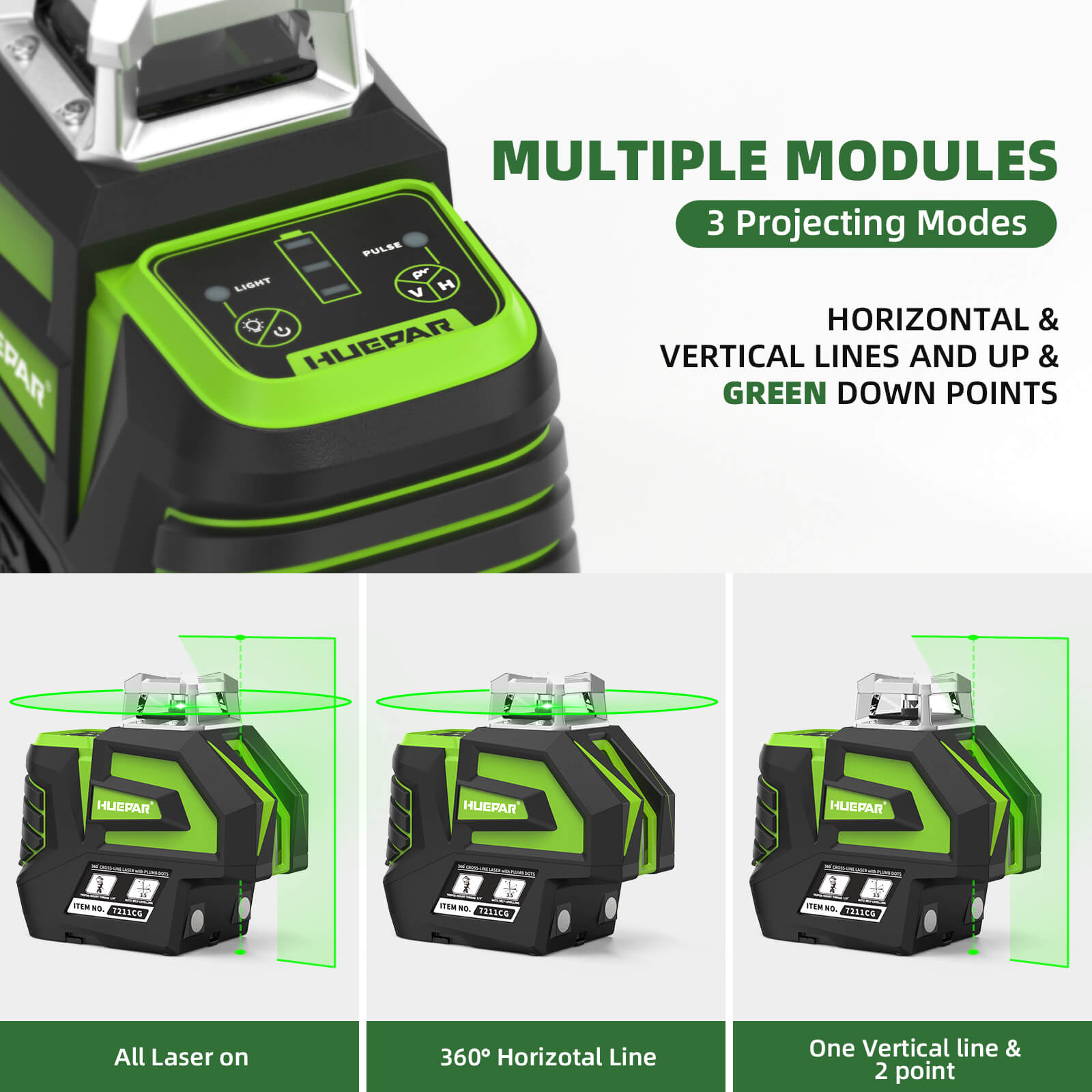 Huepar 7211CG Laser level with 2 Plumb Dots