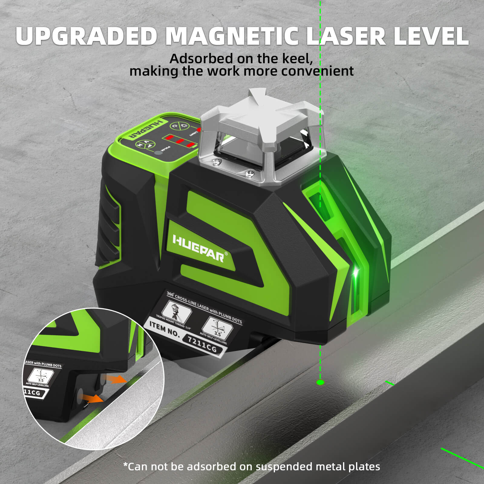 Huepar 7211CG Laser level with 2 Plumb Dots