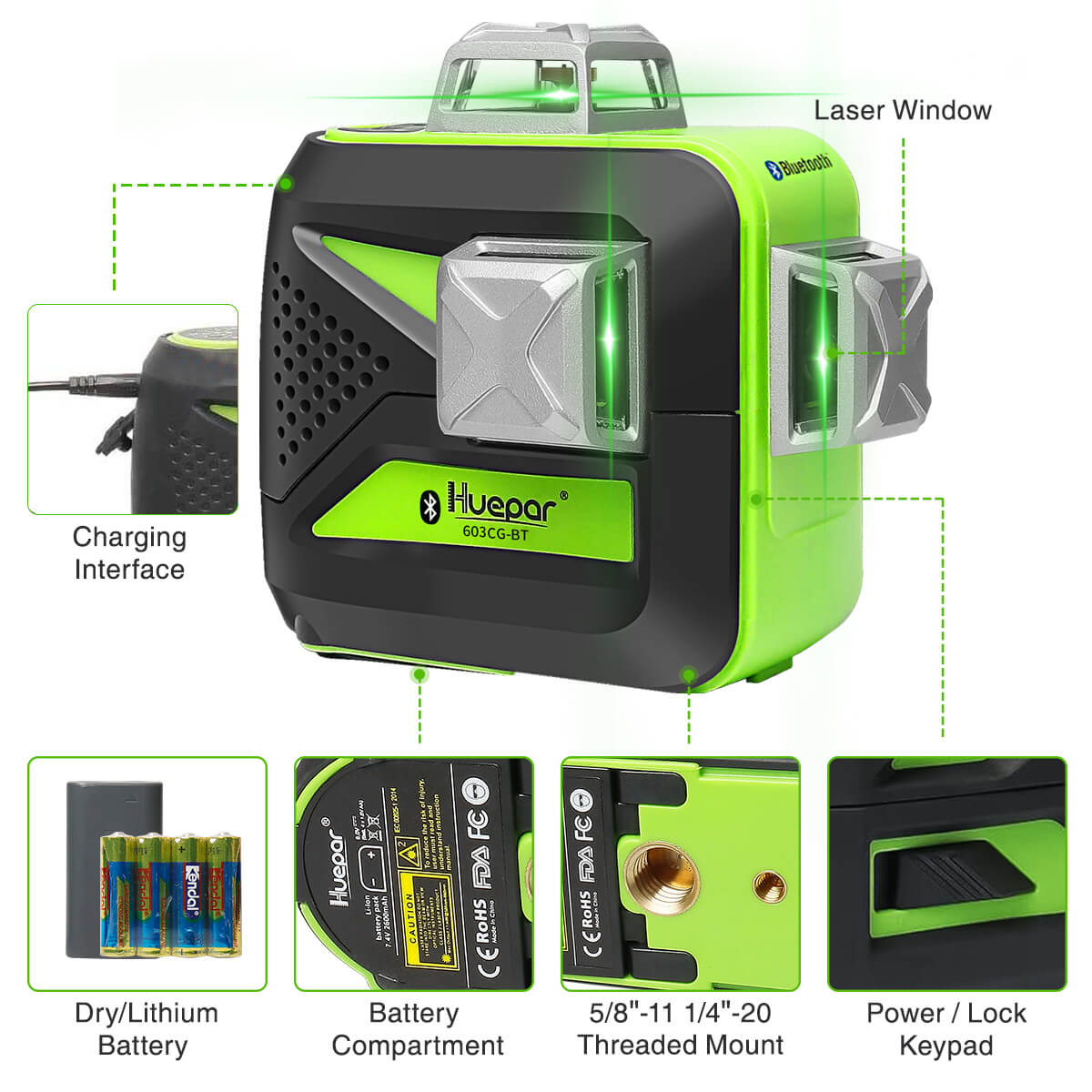 Lot set Niveau Laser Huepar Z03CG 3d vert bluetooth 2 batteries + canne Lot set Niveau Laser Huepar Z03CG 3d vert bluetooth 2 batteries + canne