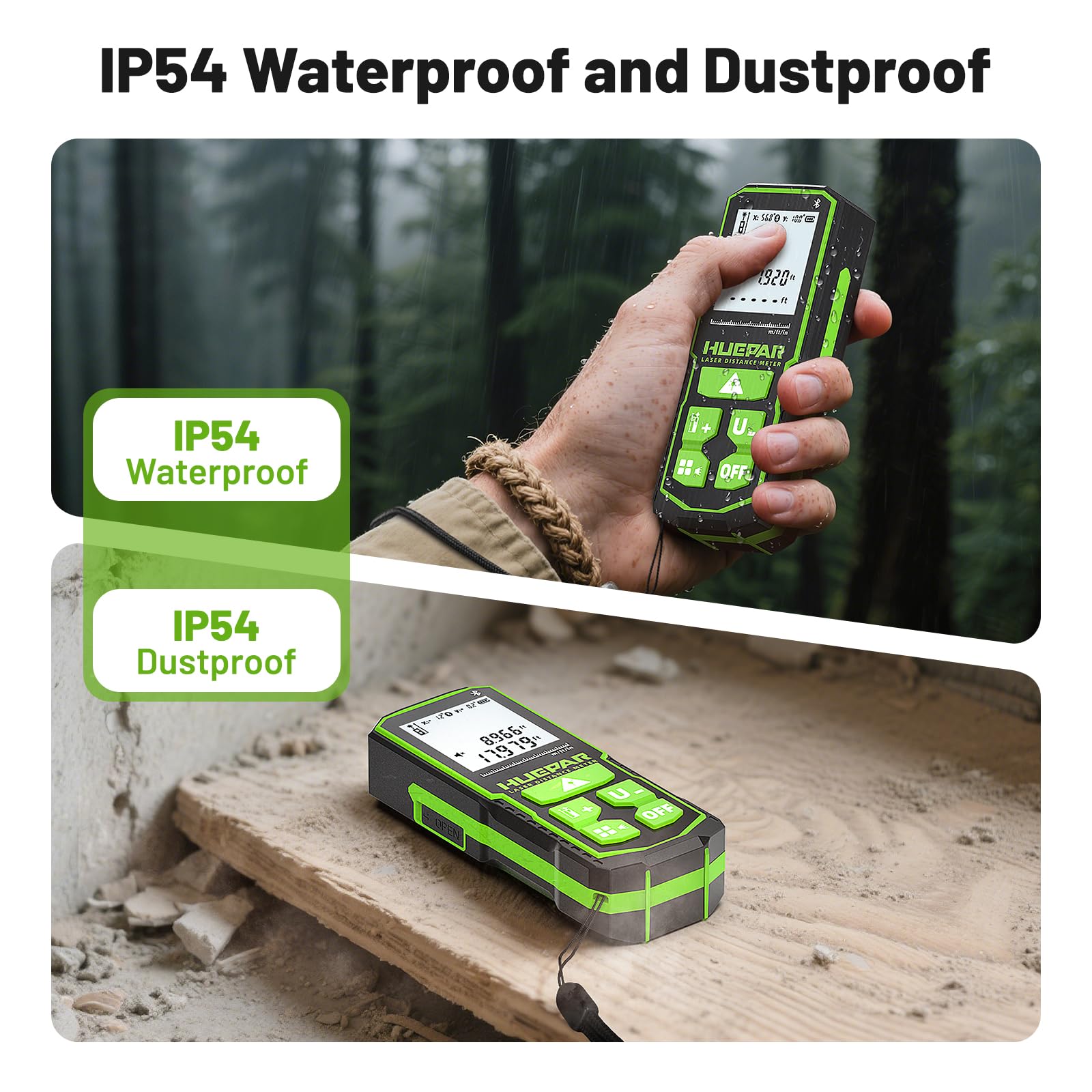 Huepar S120G-BT Bluetooth Laser Distance Meter (120m/395ft, ±1.5mm Accuracy, App Control, Area & Volume)