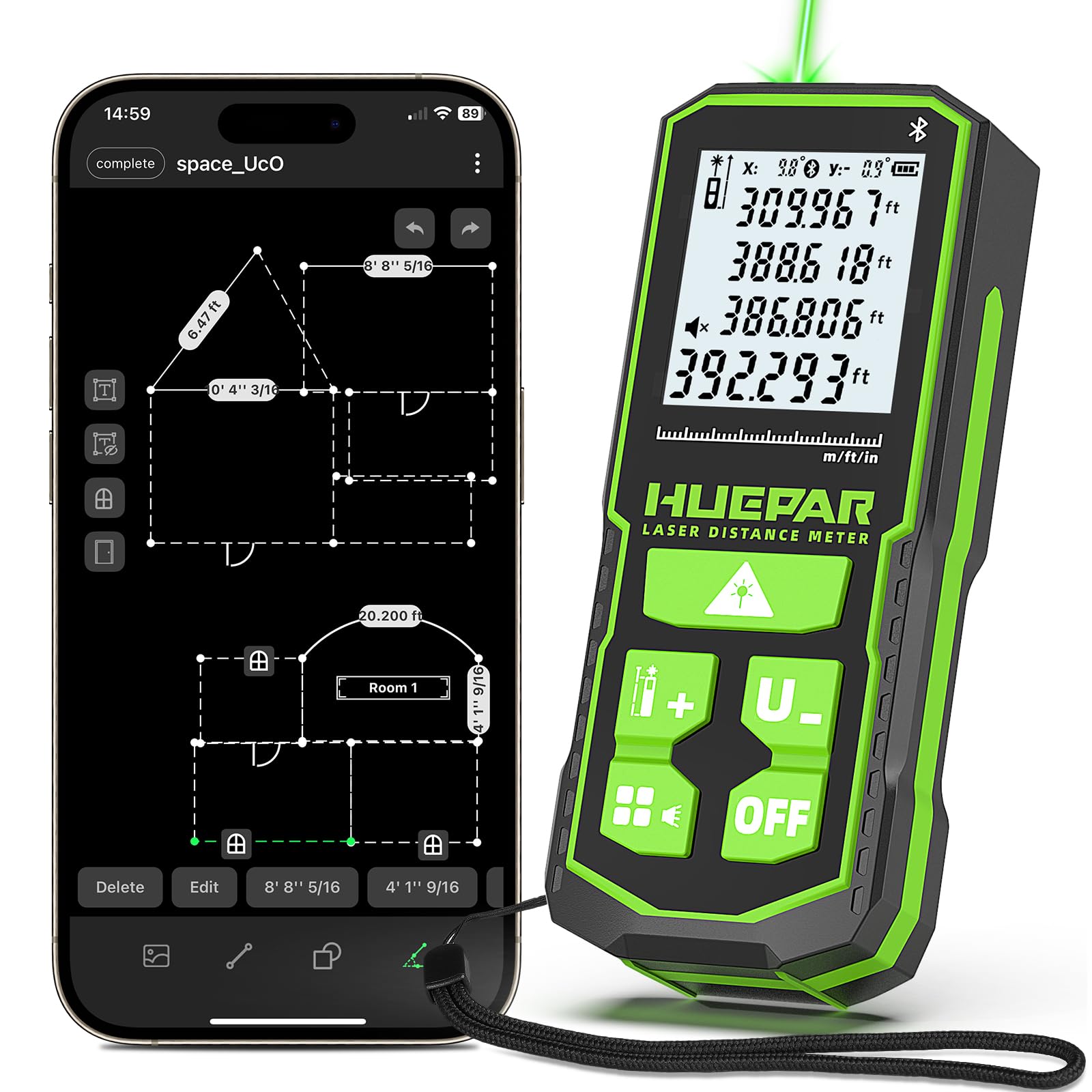 Huepar S120G-BT Bluetooth Laser Distance Meter (120m/395ft, ±1.5mm Accuracy, App Control, Area & Volume)