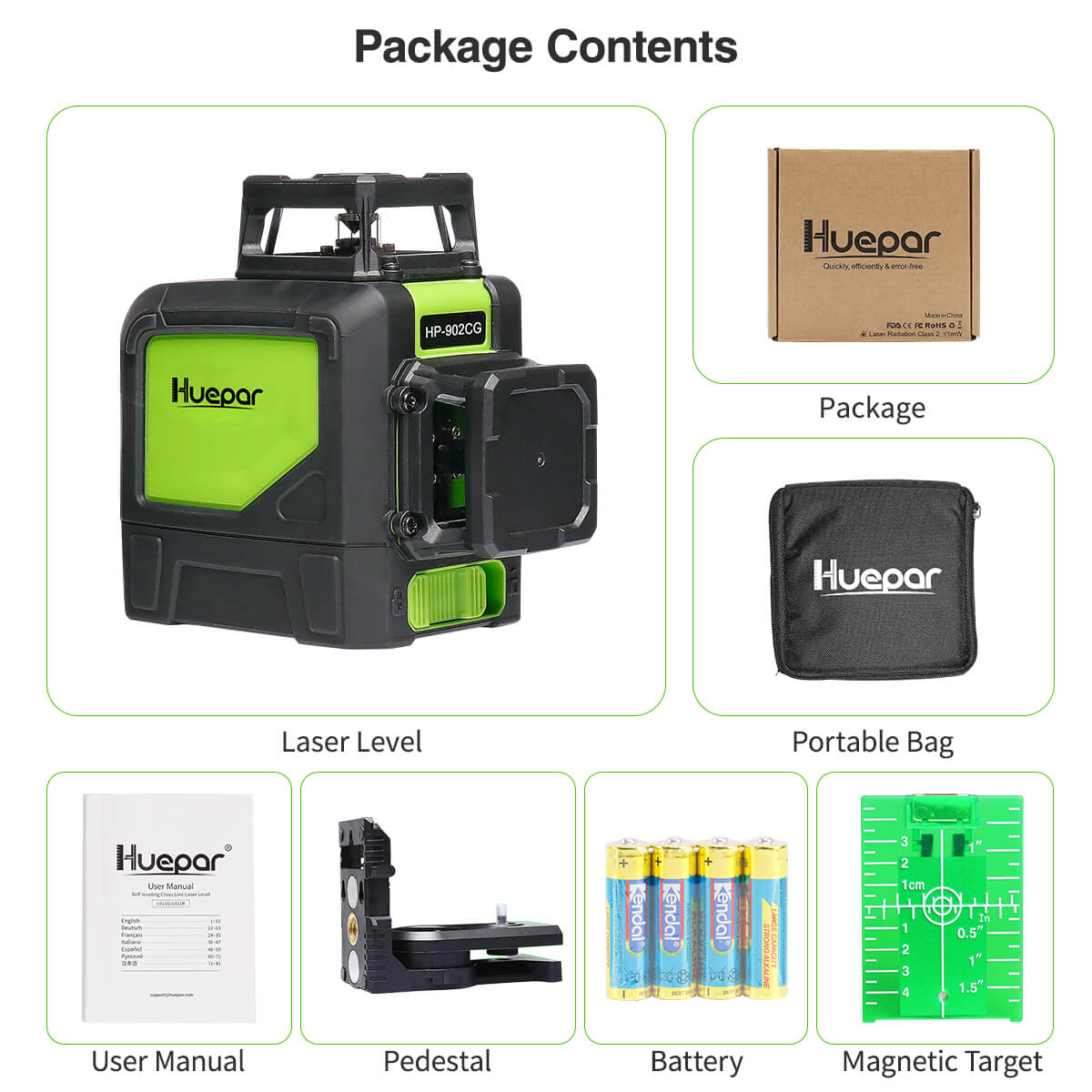 Huepar 902CG Groene Kruislijnlaser 2x360° - Zelfnivellerend Met Pulsfunctie