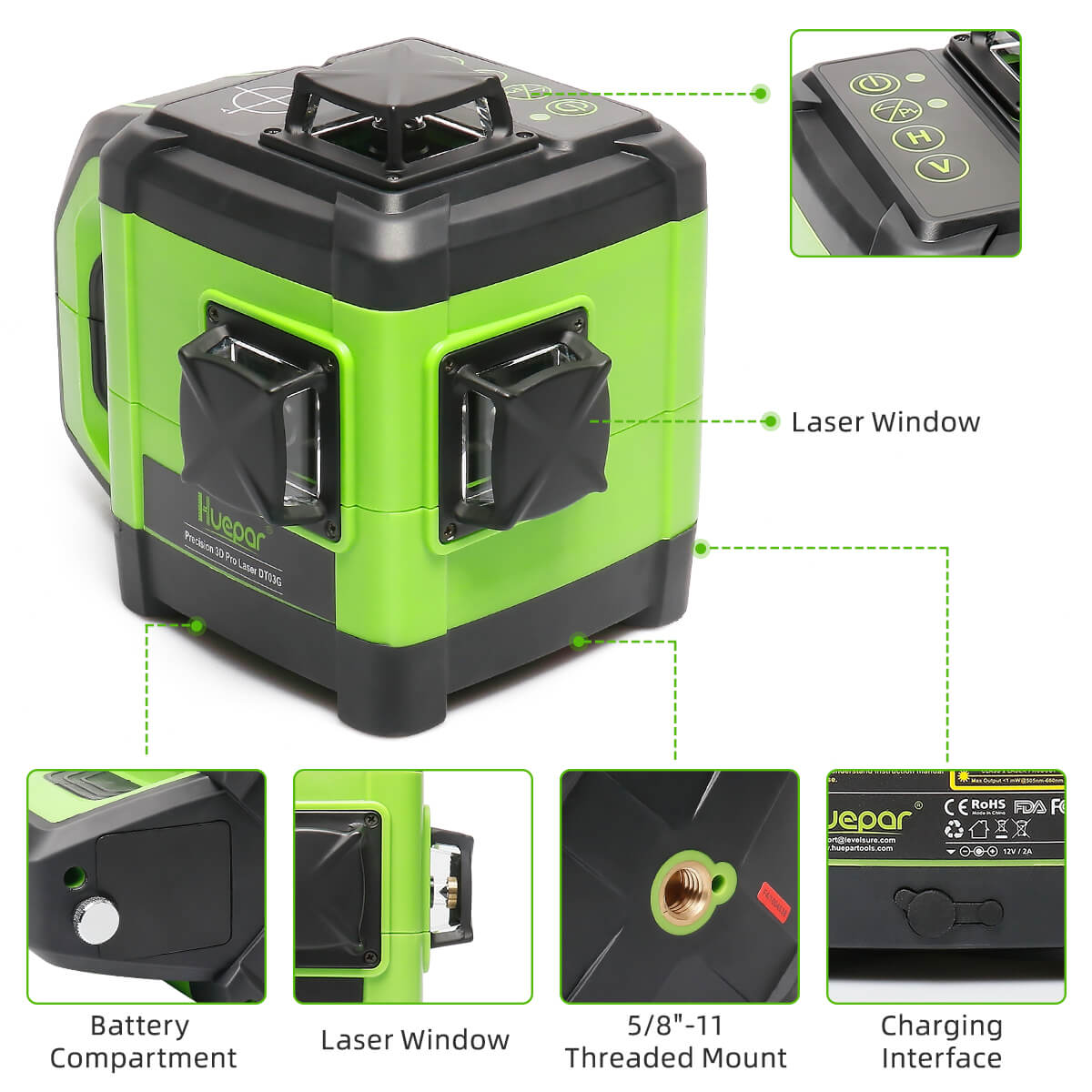 Sale Huepar DT03CG+ - Electronic Self Leveling 3D Green Beam Laser Level