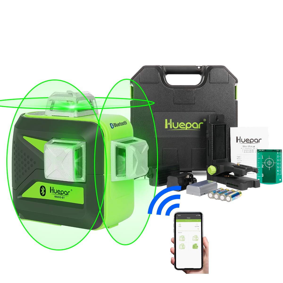 Huepar 603CG-BT - 3 x 360° Green Beam 3D Laser Level with Bluetooth Connectivity