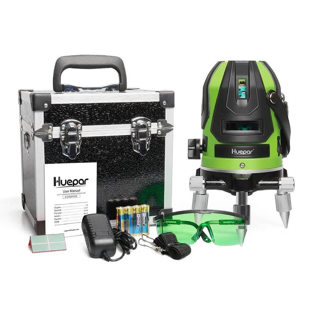 Huepar 6141G - Green Beam Multi Line Laser Level with Four Vertical and One Horizontal Lines with Down Plumb Dot