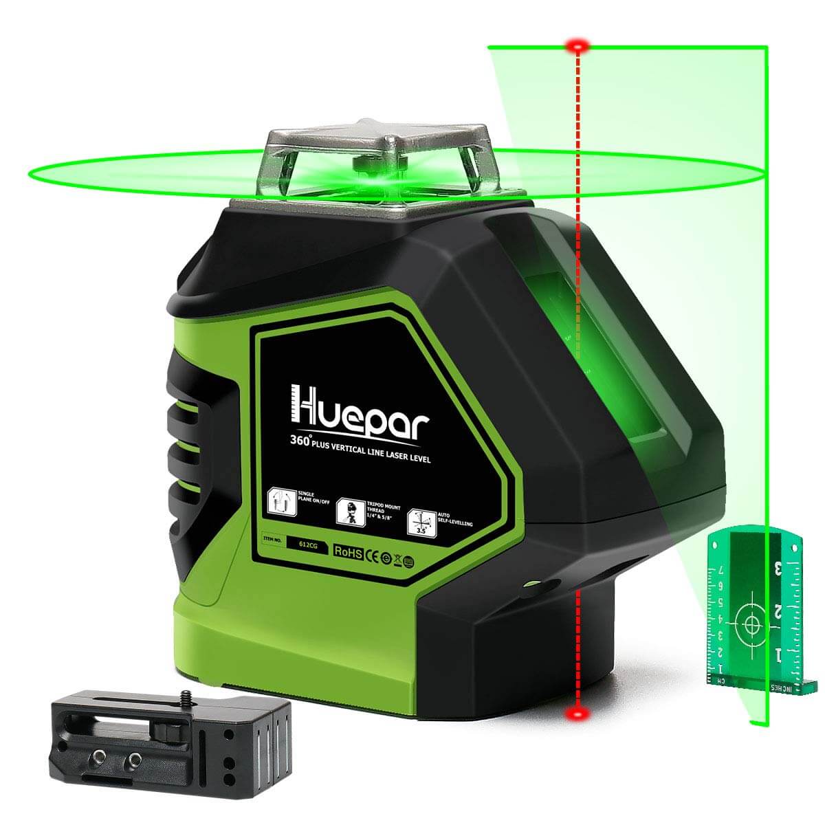 Huepar 621CG - Ligne croisée de niveau laser vert auto-nivelant avec outil laser à 2 points d'aplomb