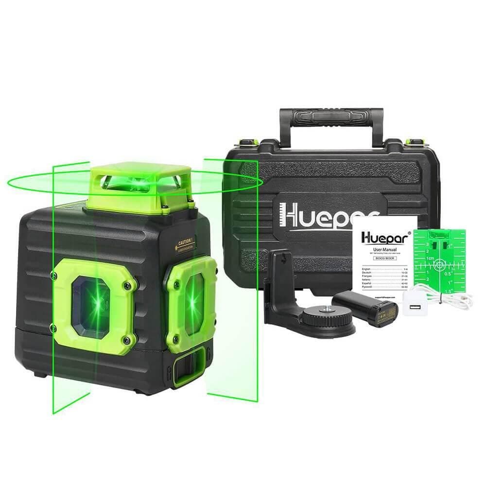 Huepar B21CG - Green 360° Horizontal and Two Vertical Lines Cross Line Laser Level with Hard Carry Case