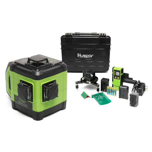 Huepar DT03CG + niveau laser à faisceau vert 3D à nivellement automatique avec fonction double pente 3x360 ° avec récepteur