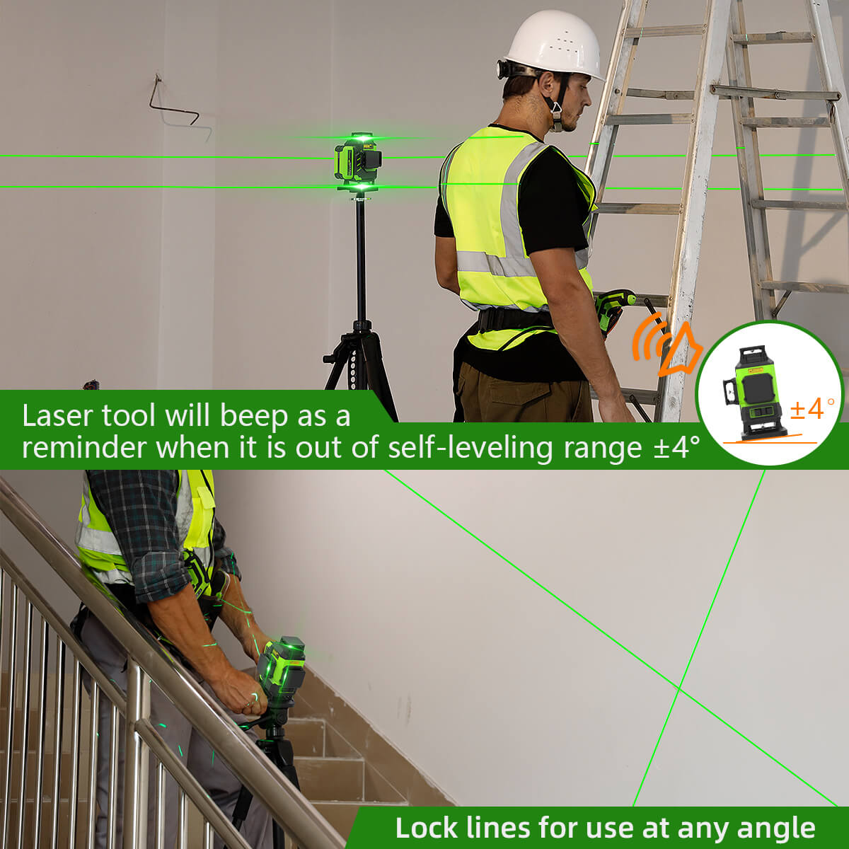 Huepar LS04CG - Self-leveling 4x360 Green Cross Line Floor Laser Tool with Remote Control