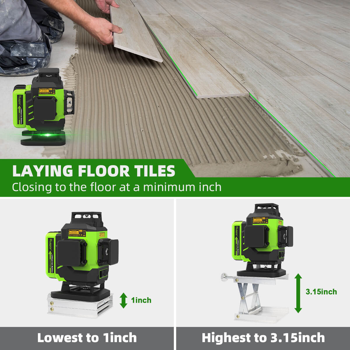 Huepar LS04CG - Self-leveling 4x360 Green Cross Line Floor Laser Tool with Remote Control