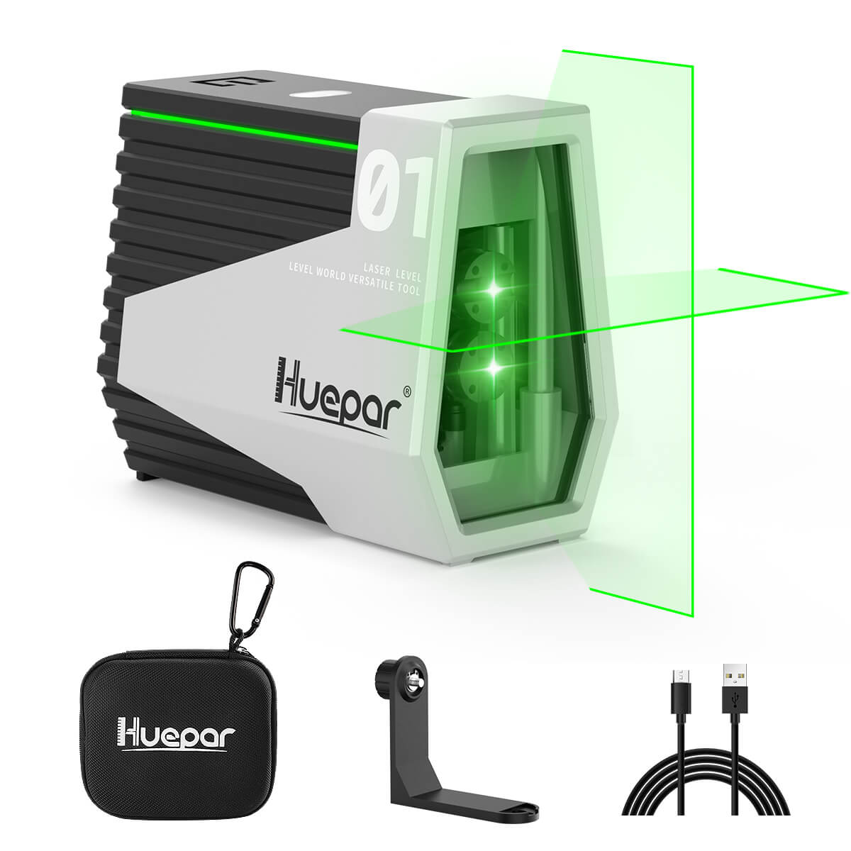 Huepar E011G - Outil de niveaux laser auto-nivelant à lignes transversales à faisceau vert avec capteur de mouvement et batterie Li-ion 