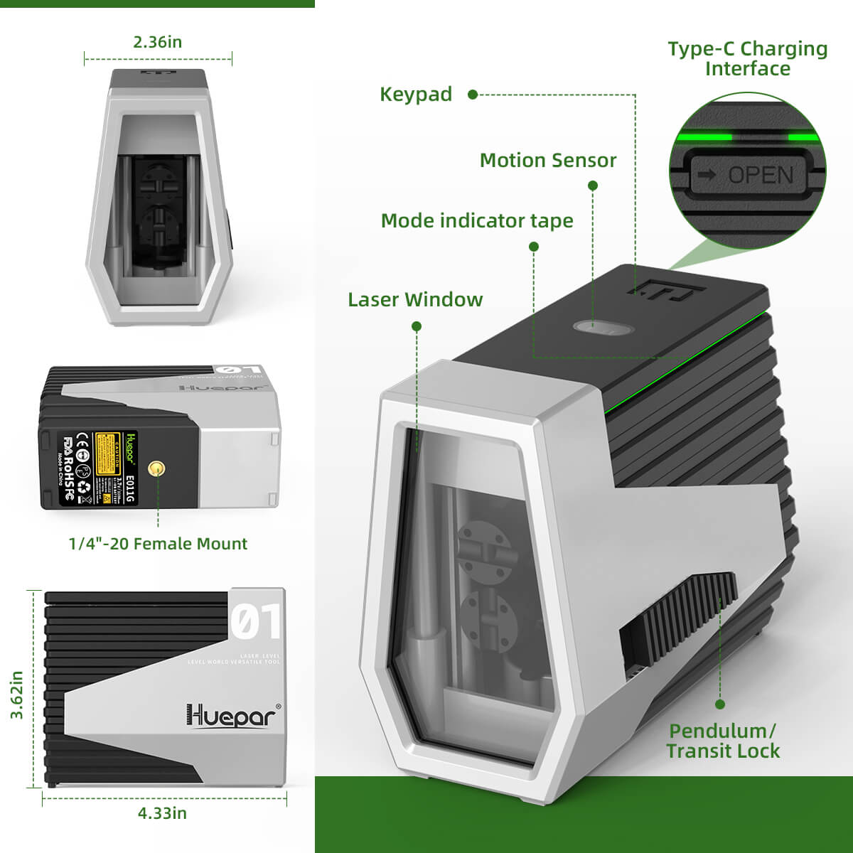 Huepar E011G - Outil de niveaux laser auto-nivelant à lignes transversales à faisceau vert avec capteur de mouvement et batterie Li-ion 